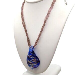 Dichroic Art Glass Modernist Pendant on Multi Strand Seed Bead Necklace, Vivid